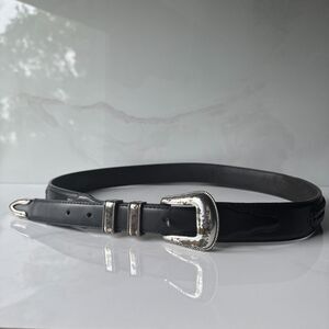 Vintage Justin Boots Black Leather Chrome Buckle Belt - 40